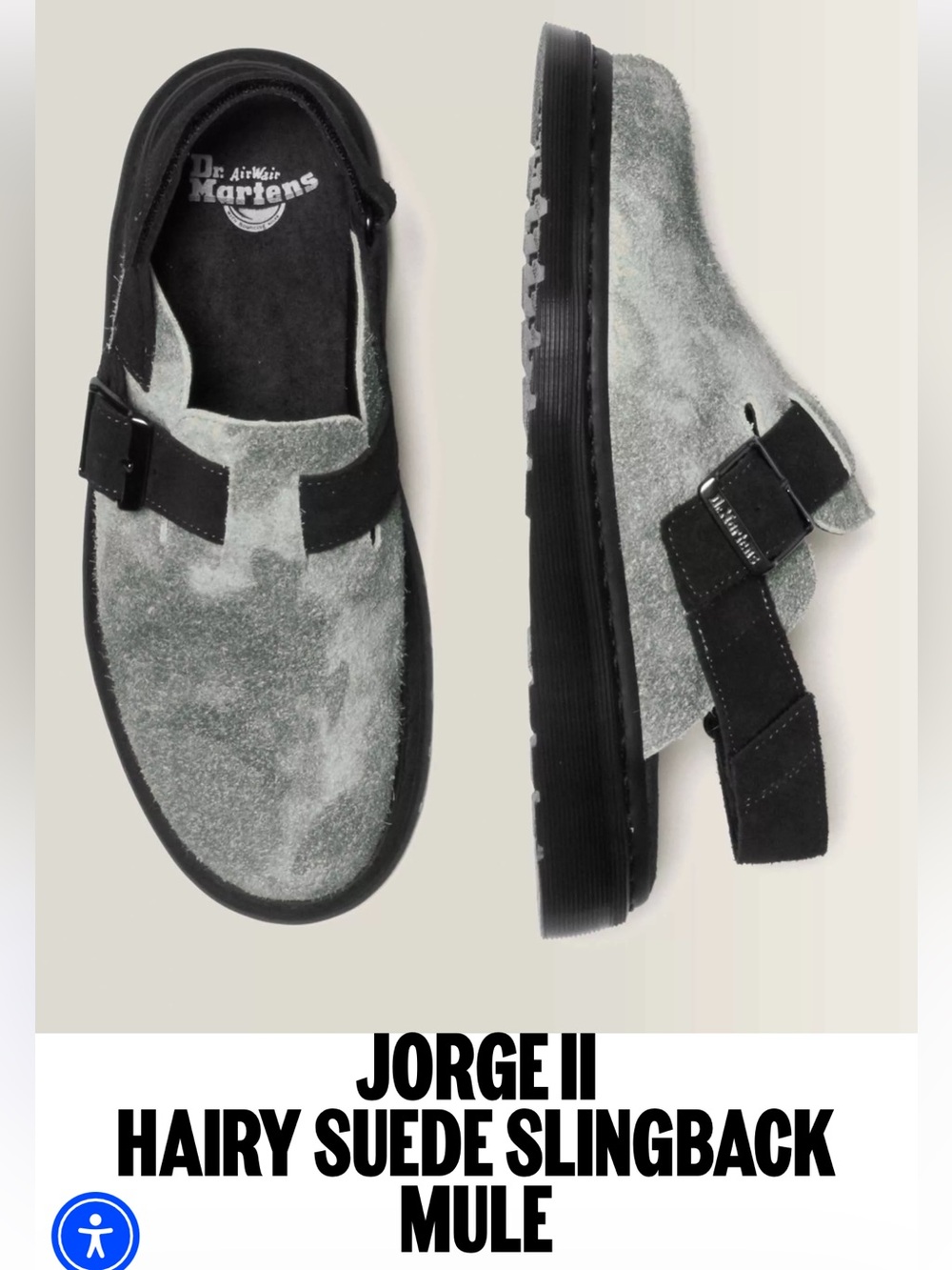 NWOB Dr. Martens Jorge II Hairy Suede Slingback Mule, Grey/Black, Women’s Size 9